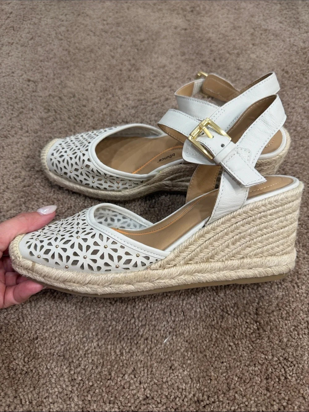 Hush Puppies White Laser-Cut Espadrille Wedge Sandals with Gold Buckle